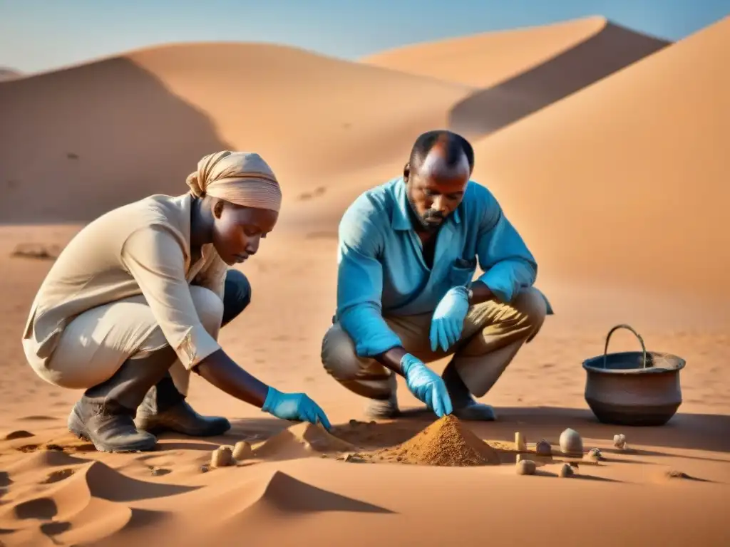 Excavación arqueológica en desierto africano descubriendo migraciones antiguas rutas