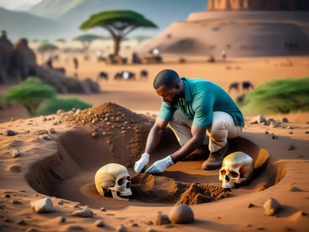 Excavación arqueológica en África, descubriendo restos humanos