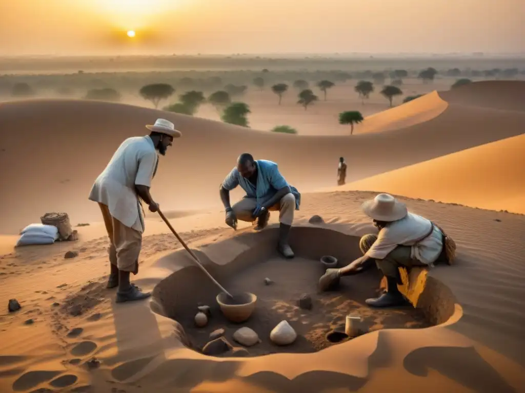 Excavación arqueológica al atardecer en el Sahel Excavación detallada de arqueólogos en el Sahel al atardecer, revelando historia antigua