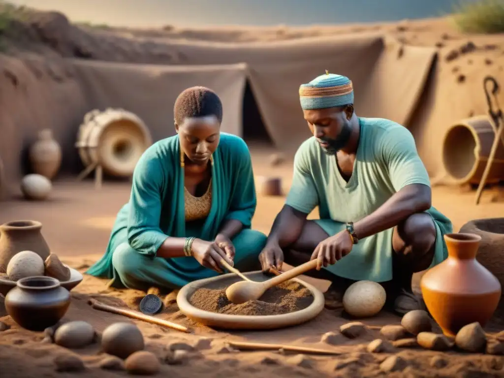 Excavación detallada de arqueólogos desenterrando instrumentos musicales africanos antiguos