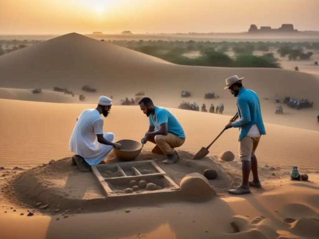 Excavación detallada de arqueólogos desenterrando restos humanos antiguos en el Reino de Kush, con el desierto nubio de fondo