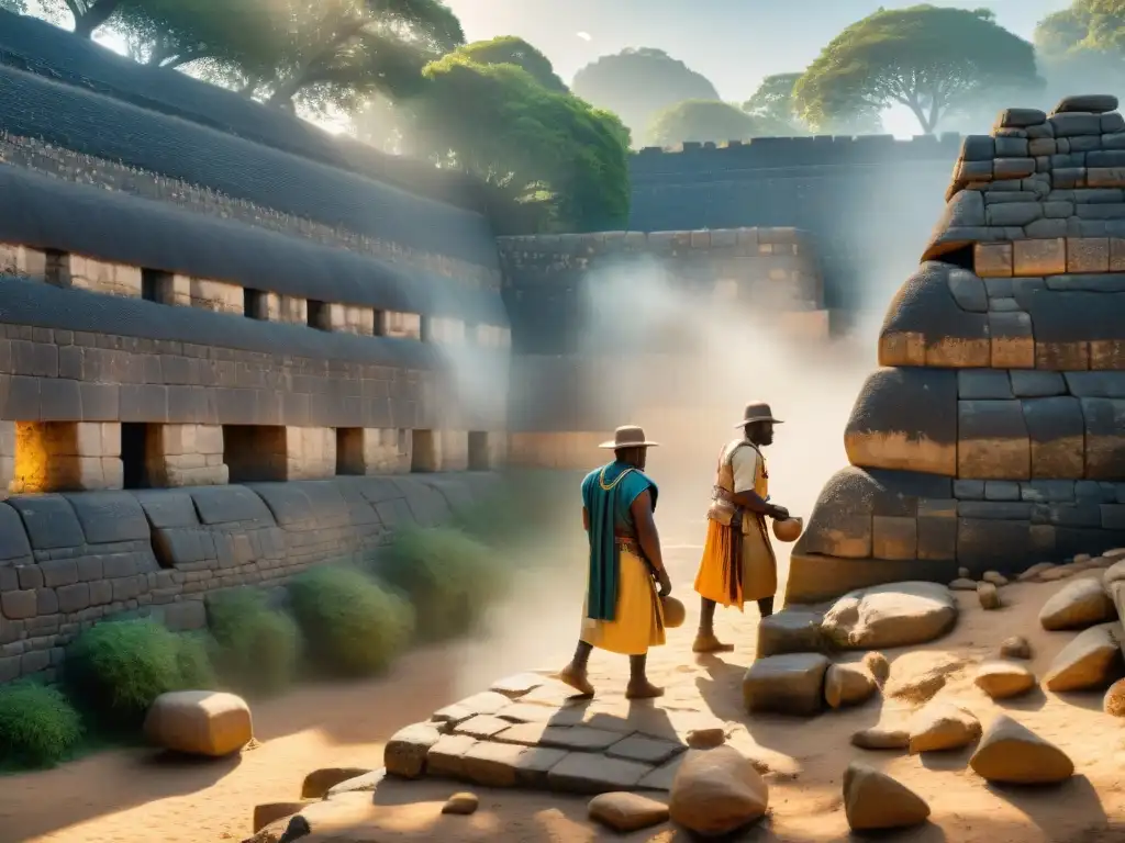 Excavación detallada de arqueólogos en Ruinas de Great Zimbabwe, con el sol africano y la Reconstrucción de la historia africana