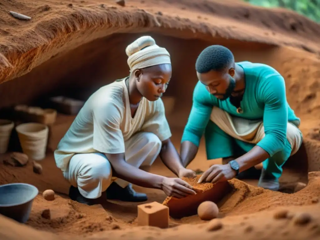 Excavación detallada de arqueólogos en sitio funerario de la civilización africana Nok, revelando enigmas y terracotas