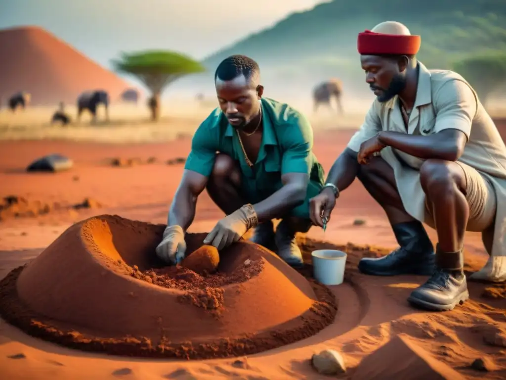 Excavación arqueológica de un artefacto africano en la tierra roja Excavación detallada de arqueólogos protegiendo tesoros arqueológicos africanos en tierra roja