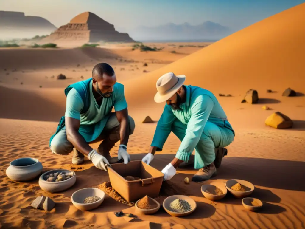 Excavación detallada de arqueólogos en vías comerciales antiguas África, bajo el sol ardiente del Sahara