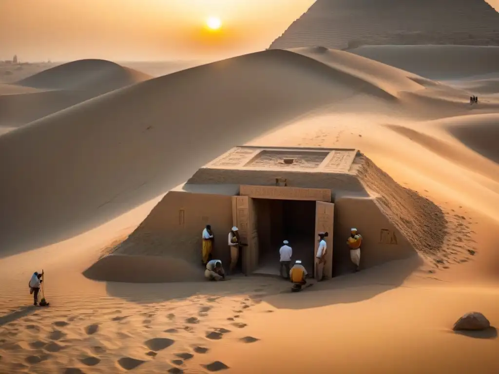 Excavación en la tumba: Misterios del antiguo Egipto Excavación meticulosa de una tumba egipcia al atardecer: misterios de la religión egipcia antigua