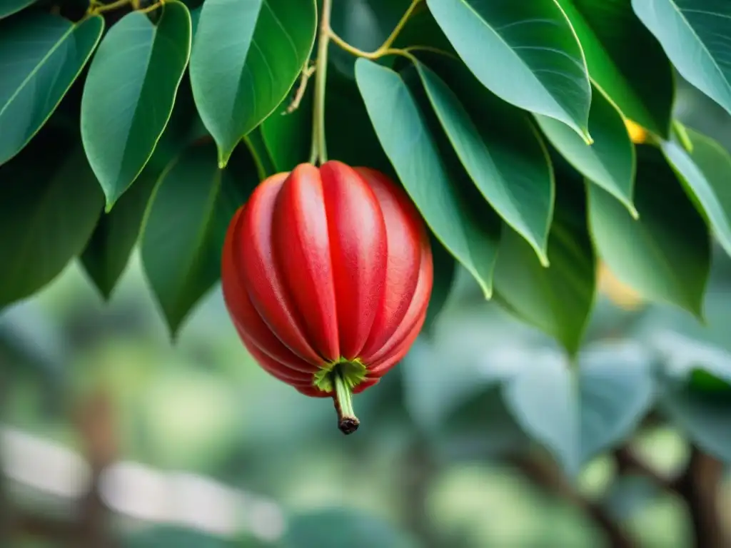 Exótica fruta africana Kigelia madura colgando del árbol, resaltando su color rojo vibrante y forma alargada