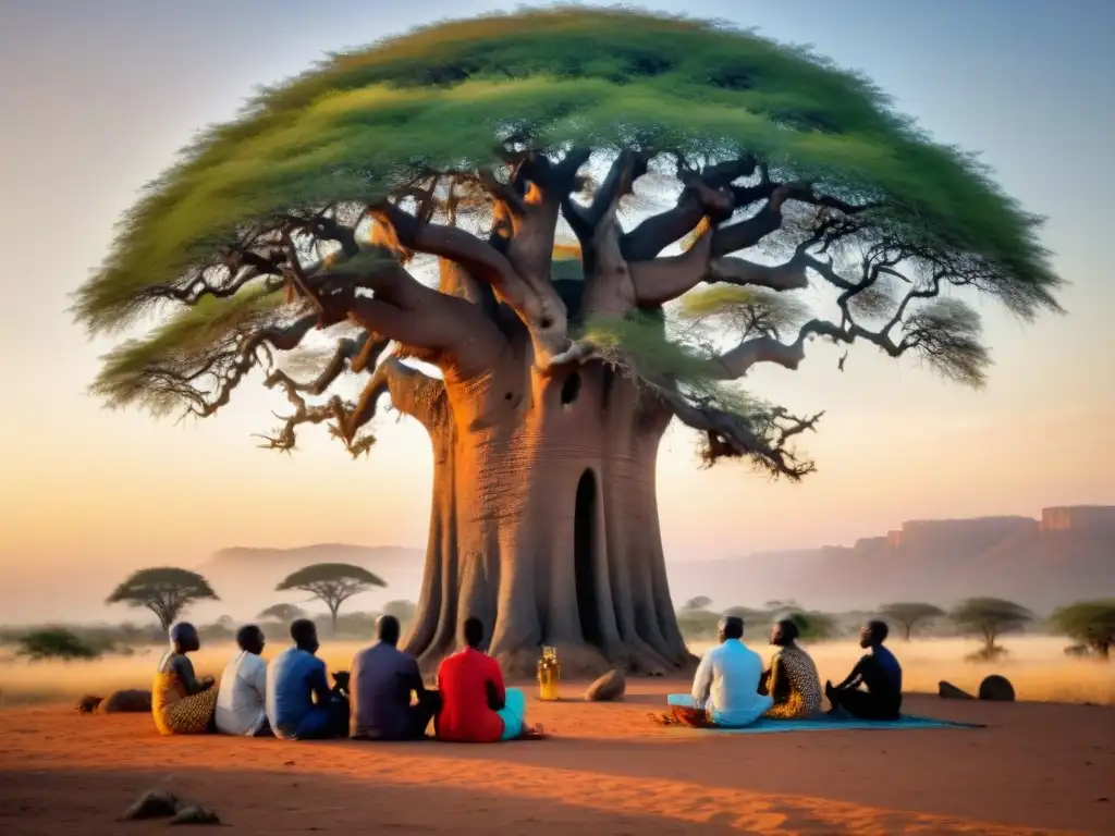 Experiencia única de inmersión cultural en África con un narrador tradicional bajo un baobab al atardecer