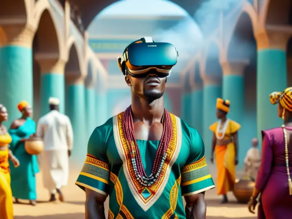 Experiencias inmersivas en Reinos Africanos: VR muestra vibrante escena de reino africano con arquitectura detallada y colores vibrantes