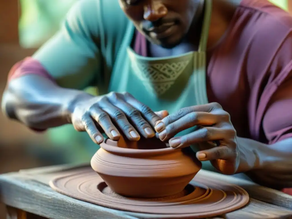 Las experimentadas manos de un artesano africano moldean cerámica tradicional con precisión, en un ambiente lleno de historia y tradición