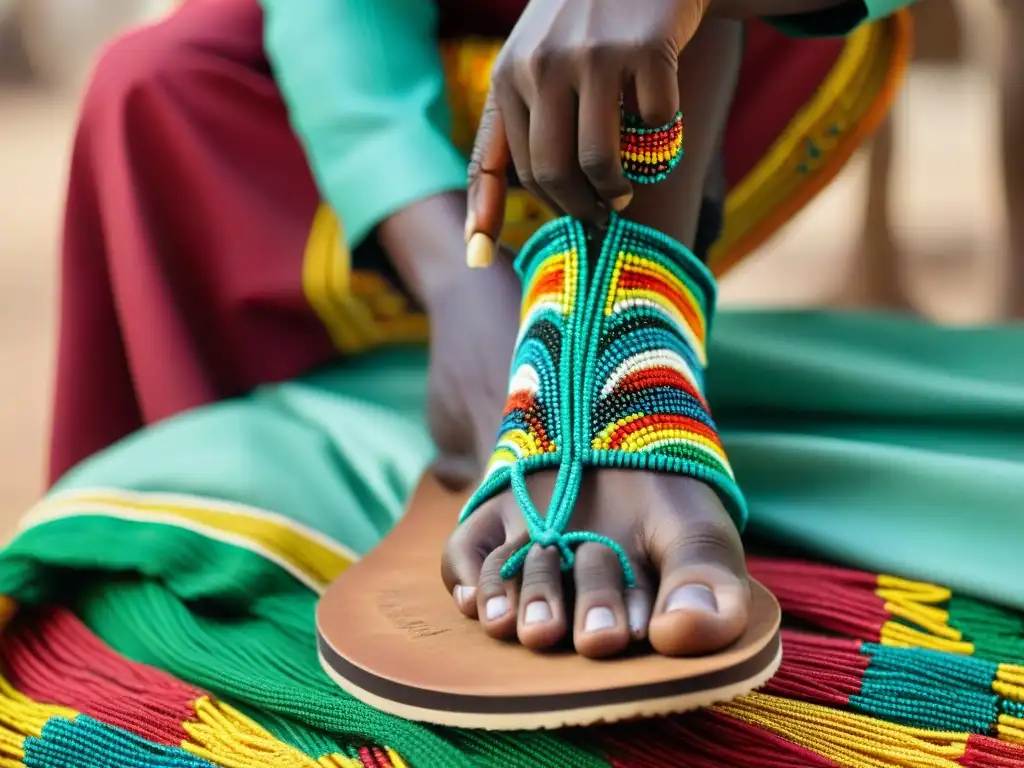 Las experimentadas manos de un artesano creando una sandalia africana con cuentas, reflejando la influencia de las tendencias africanas en el calzado