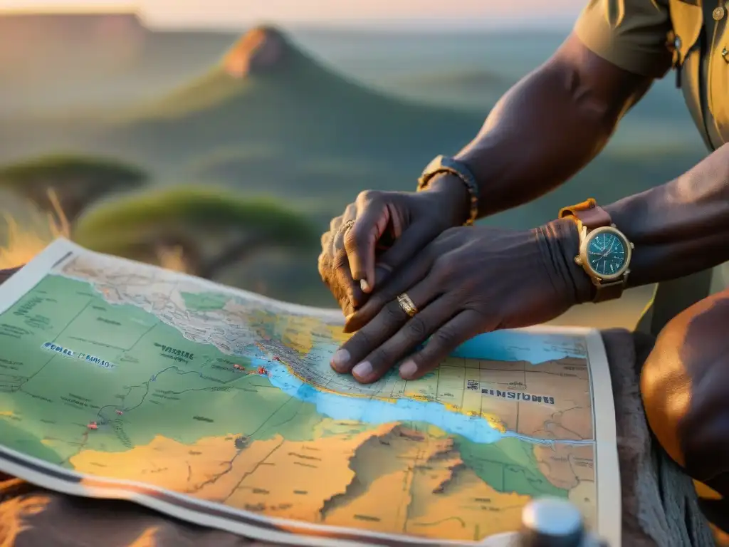 Un experimentado guía de safari traza ruta en un mapa del terreno africano al atardecer, manos curtidas y detallado mapa