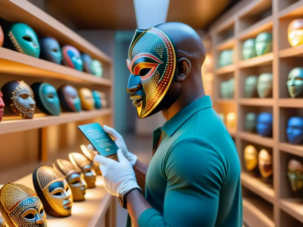 Experto examina detalladamente máscara africana en museo Experta historiadora de arte identificando arte africano auténtico en detallada máscara tribal