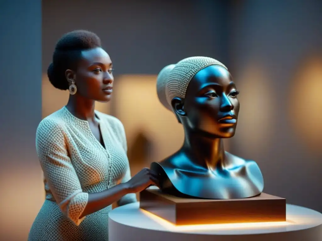 Experto examina escultura africana detenidamente bajo intensa luz, resaltando importancia de evaluar autenticidad en arte africano