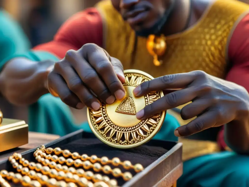 Artesano de África Occidental creando joya de oro tradicional Un experto orfebre de África Occidental elaborando una pieza de oro con técnicas ancestrales en un mercado vibrante