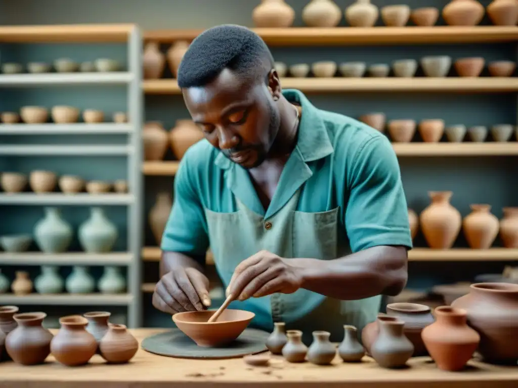 Un experto en conservación del Patrimonio Africano restaura con pasión fragmentos de cerámica antigua, con movimientos meticulosos y detallados