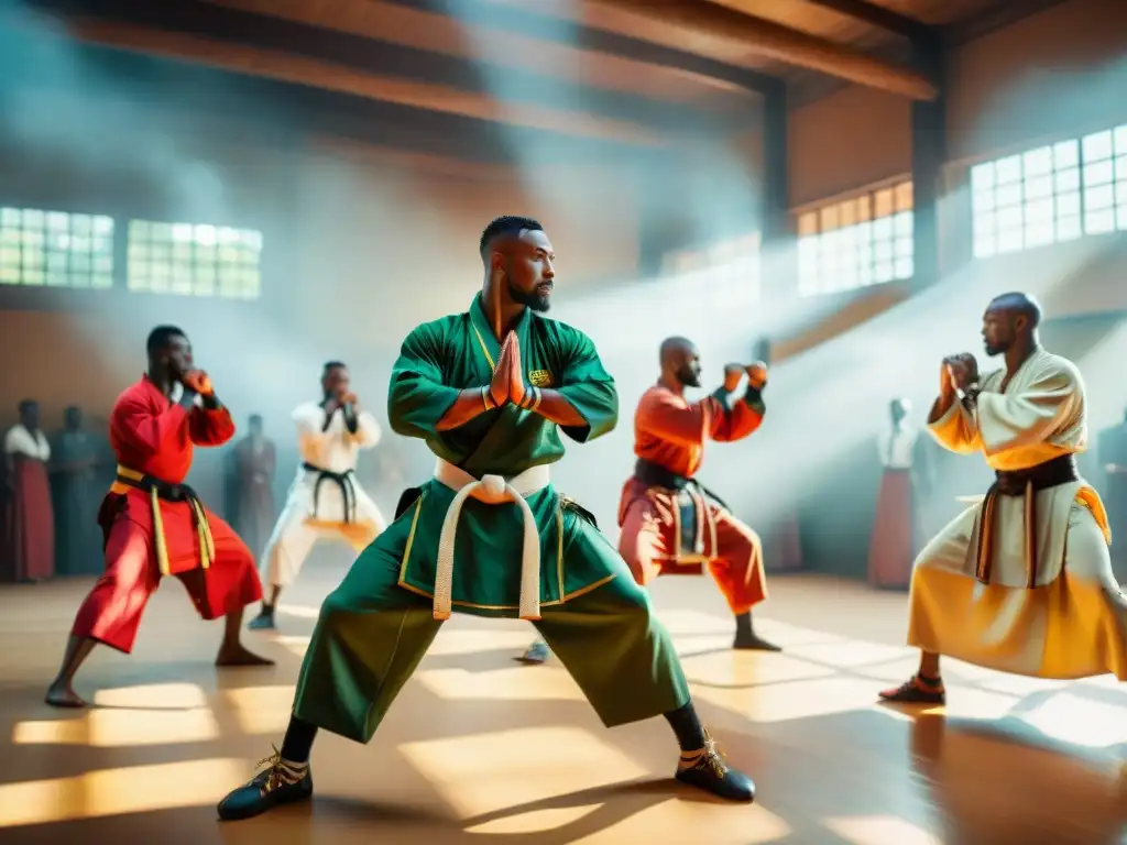 Expertos en artes marciales africanas practican movimientos fluidos en un escenario tradicional, reflejando la cultura y la tradición