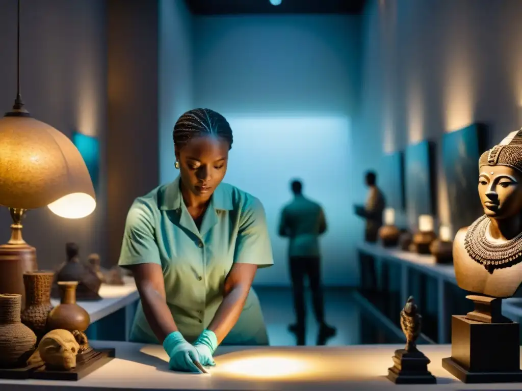 Expertos en Conservación del Patrimonio Africano preservando artefactos antiguos en laboratorio de museo