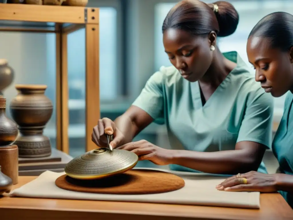 Expertos en conservación del Patrimonio Africano restauran con dedicación un antiguo artefacto en laboratorio especializado