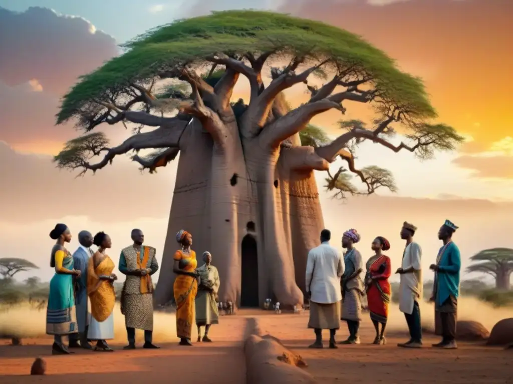 Expertos en conservación del patrimonio en África reunidos alrededor de un majestuoso baobab al atardecer