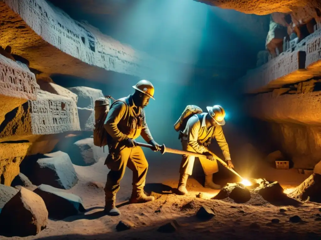 Exploración de antiguas minas africanas por arqueólogos, iluminados por linternas en la oscuridad