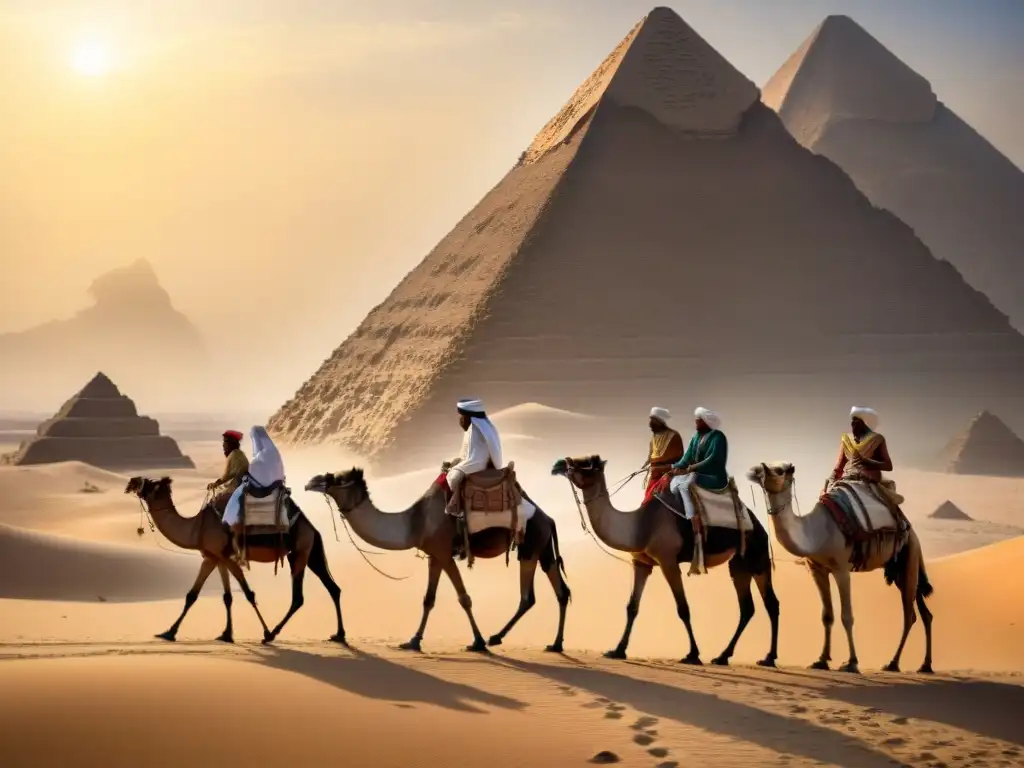 Exploradores egipcios inician épica travesía hacia pirámides Exploración de civilizaciones africanas: antiguos exploradores egipcios preparándose para la travesía en el desierto