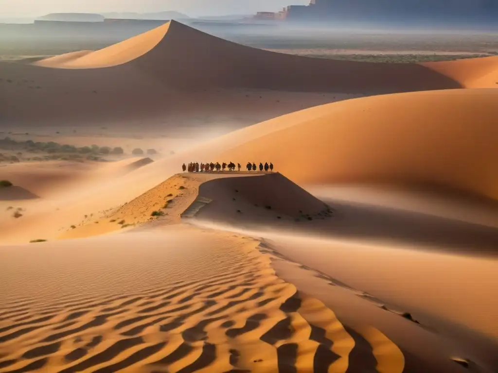 Exploración de civilizaciones africanas: arqueólogos descubriendo artefactos antiguos en un desierto remoto al atardecer