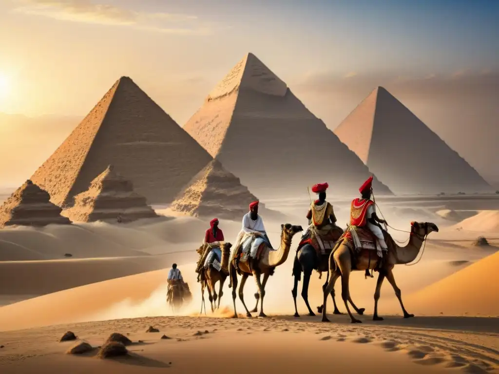 Exploradores egipcios en el desierto: travesía épica hacia las pirámides Exploración de civilizaciones africanas influencia global: exploradores egipcios en el desierto con las Pirámides al fondo