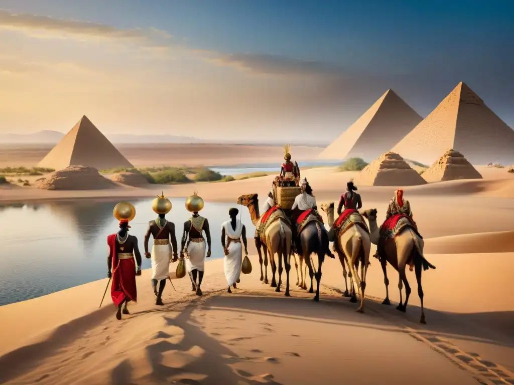 Expedición egipcia hacia Nubia: exploración en el desierto Exploración de civilizaciones africanas influencia global: Antiguos exploradores egipcios partiendo en una travesía hacia Nubia