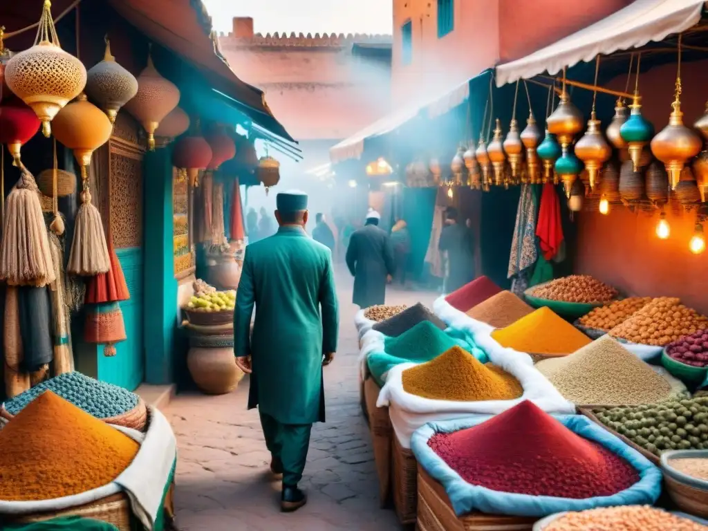 Exploración de civilizaciones africanas a través de un bullicioso mercado en Marrakech, Marruecos, con colores vibrantes y textiles