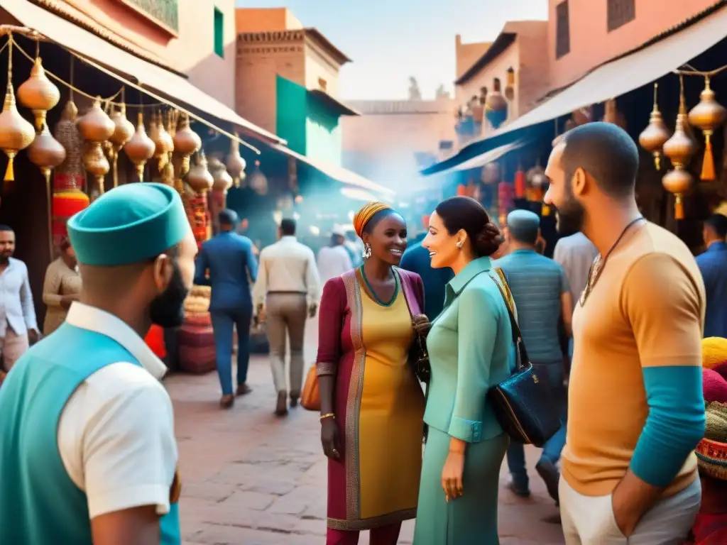 Exploración del mercado en Marrakech con guías locales y turistas, reflejando el turismo colaborativo en África