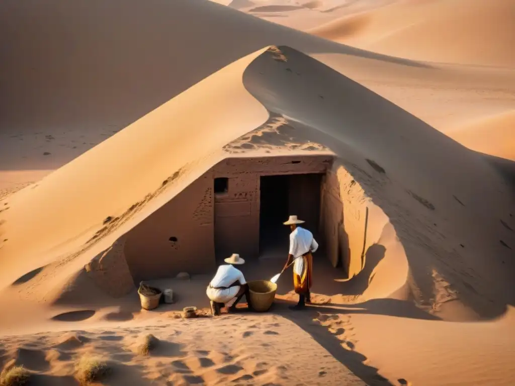 Exploración meticulosa de tumbas en Nubia al atardecer, entre las ruinas antiguas y las sombras alargadas