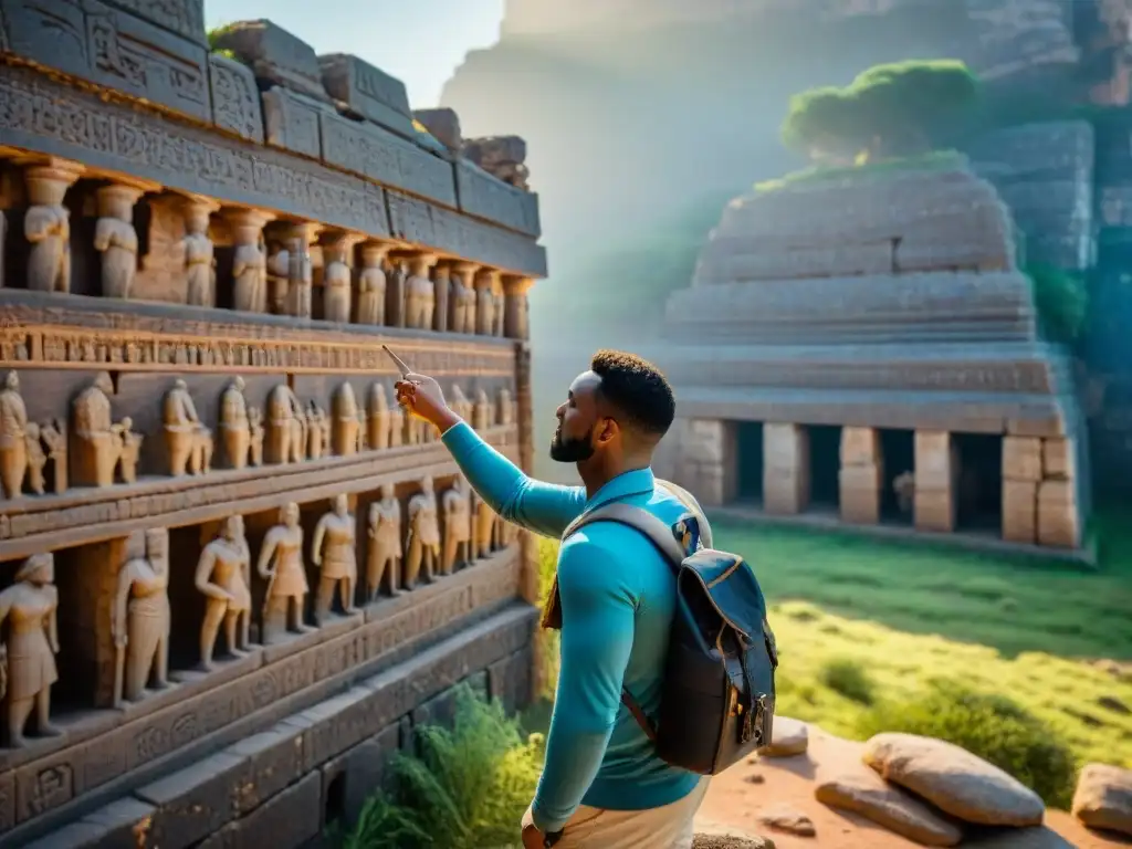 Exploración de ruinas antiguas en África con un guía local señalando grabados en la pared