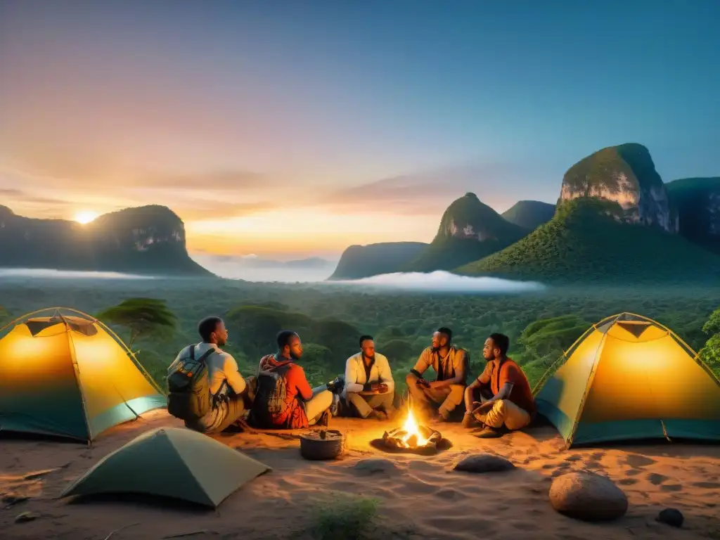 Exploraciones en el extremo sur: campamento de civilizaciones africanas en la selva vibrante al atardecer