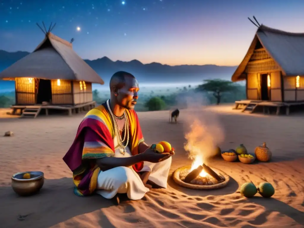 Exploraciones en reinos espirituales de África: Curandero africano realizando ritual al atardecer en aldea remota