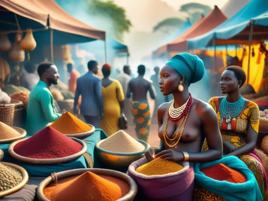 Exploradores africanos en un bullicioso mercado antiguo lleno de colores vibrantes y comercio diverso, destacando su influencia global