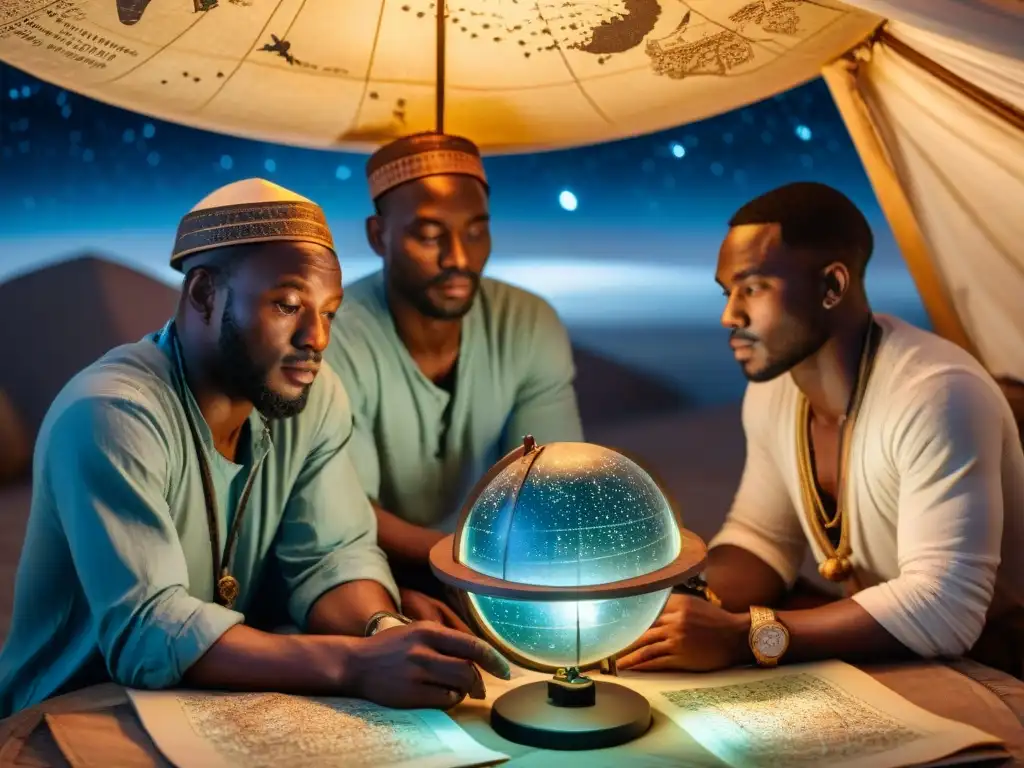 Exploradores africanos estudiando el cielo nocturno con mapas antiguos y herramientas, bajo el brillo de las linternas