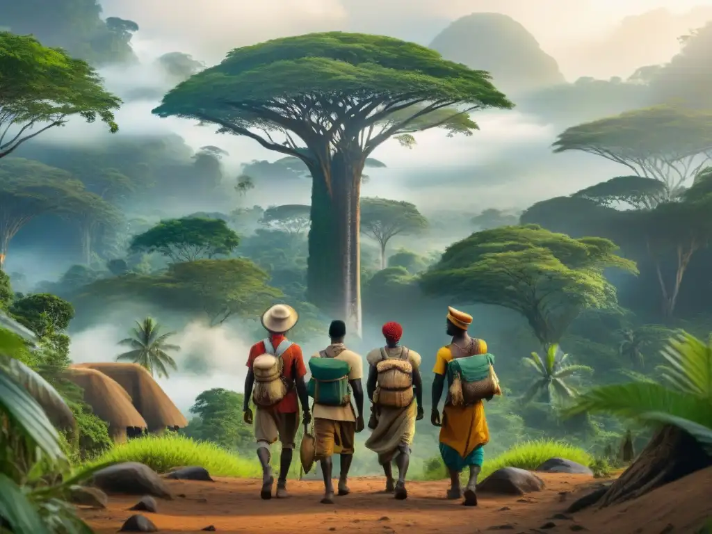 Exploradores africanos en expedición precolonial moderna a través de la jungla vibrante