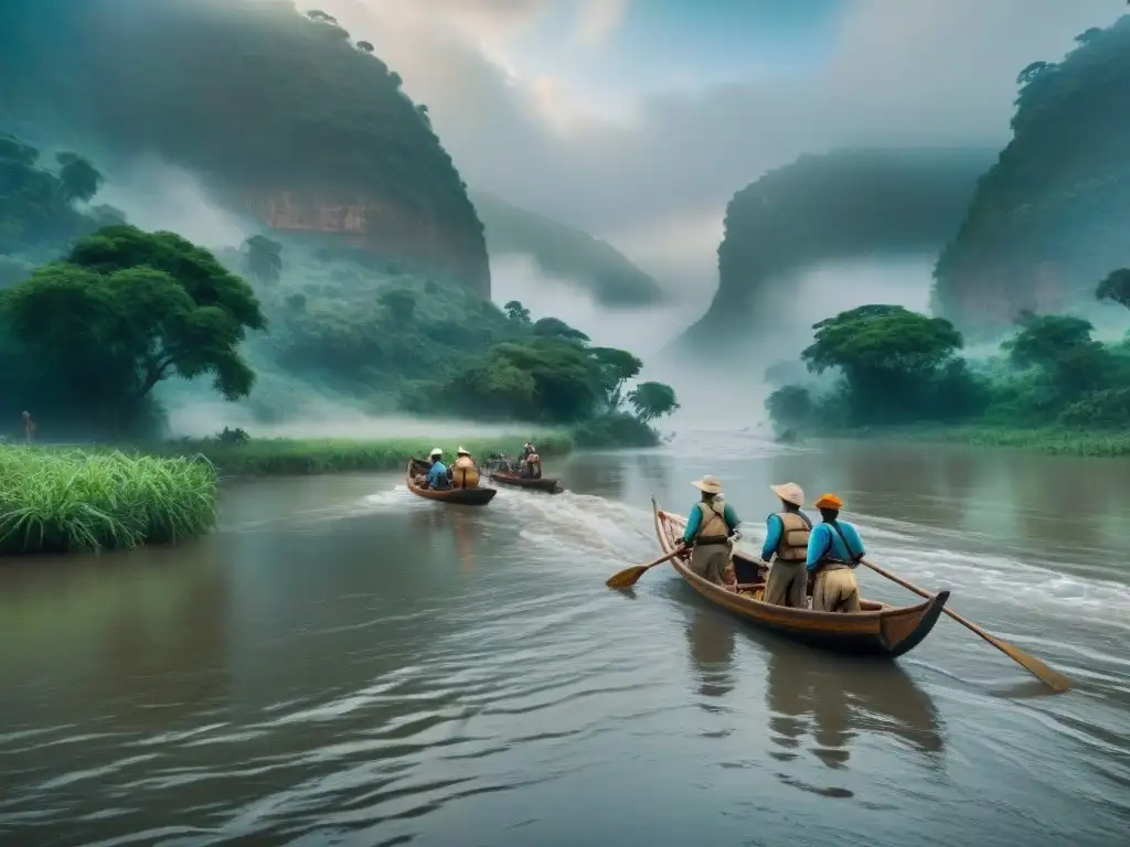 Exploradores en barcos de madera en el Nilo Azul en busca de secretos de civilizaciones africanas