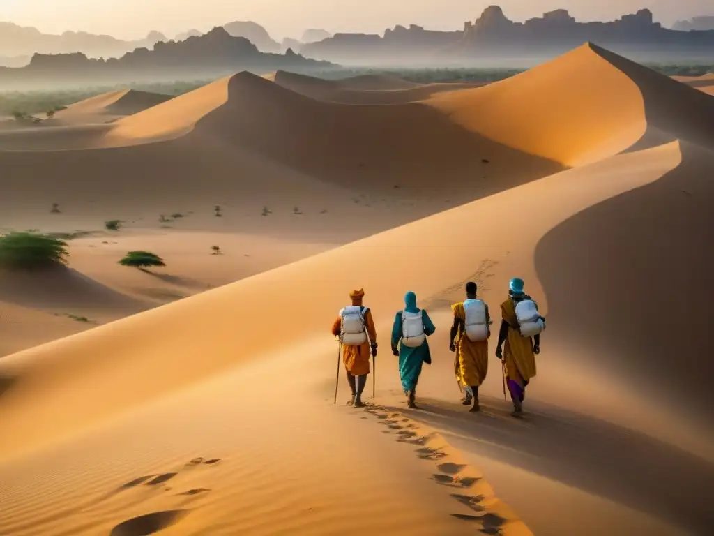 Exploradores en el desierto del Sahel, con vestimenta tradicional, rodeados de dunas doradas y una aldea en la distancia