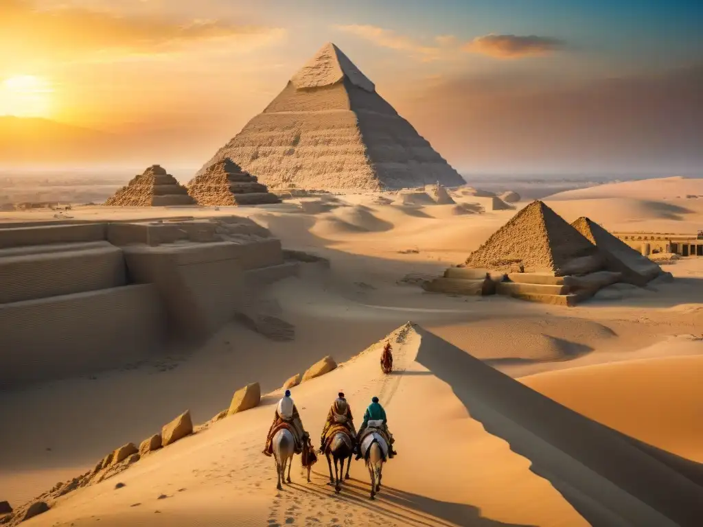 Exploradores egipcios ante la Esfinge al atardecer Exploradores egipcios frente a la Gran Esfinge al atardecer, preparándose para exploración civilizaciones africanas influencia global