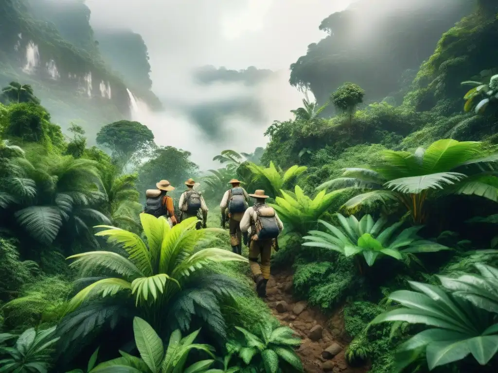 Exploradores europeos en la jungla de África Central, una imagen en blanco y negro que refleja la audacia de la exploración antes de la colonización