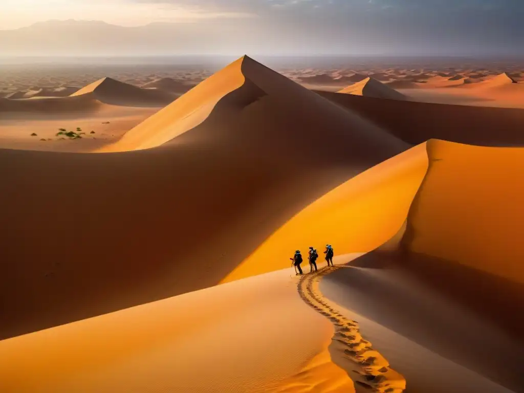 Exploradores en una expedición en el Sahara, desafiando las dunas al atardecer