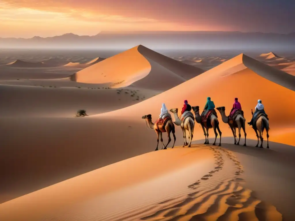 Exploradores en expediciones precoloniales en África, guiando una caravana de camellos por el desierto del Sahara al atardecer