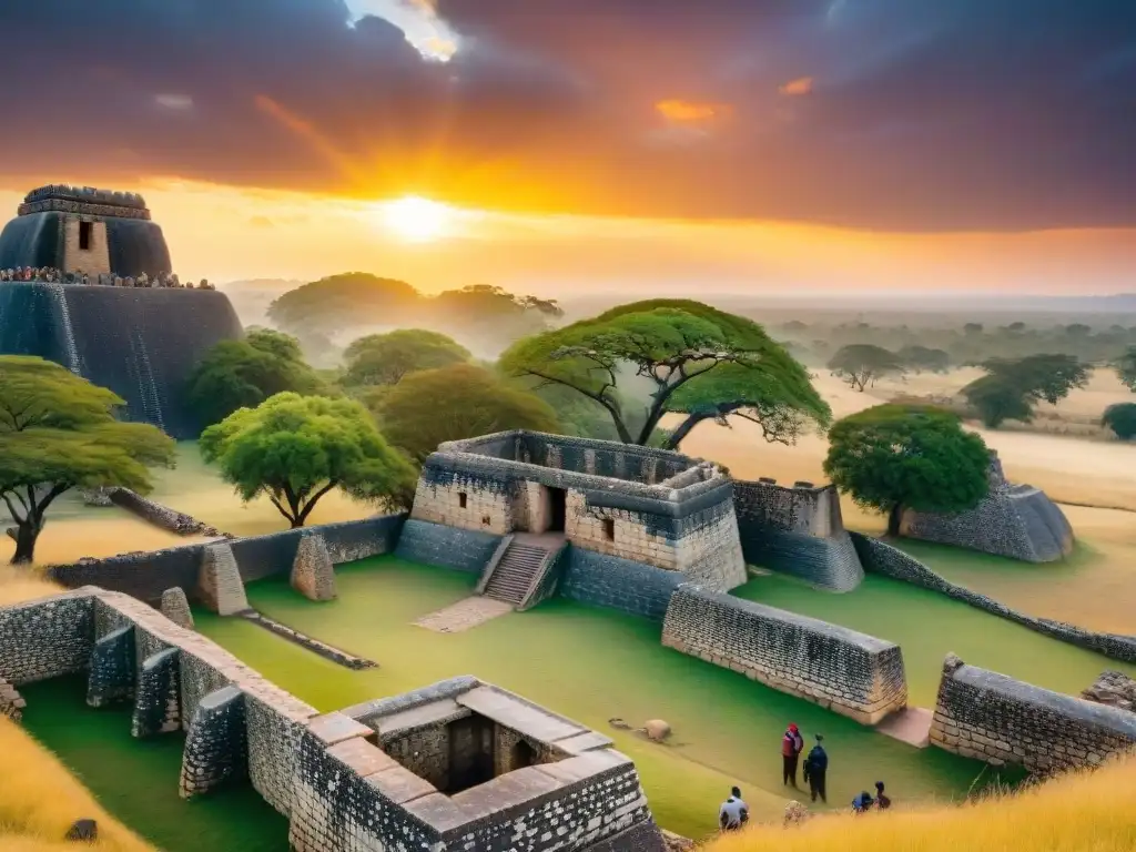 Exploradores maravillados en ruinas antiguas de Great Zimbabwe al atardecer en África, ideal para Apps exploración caminos desconocidos África