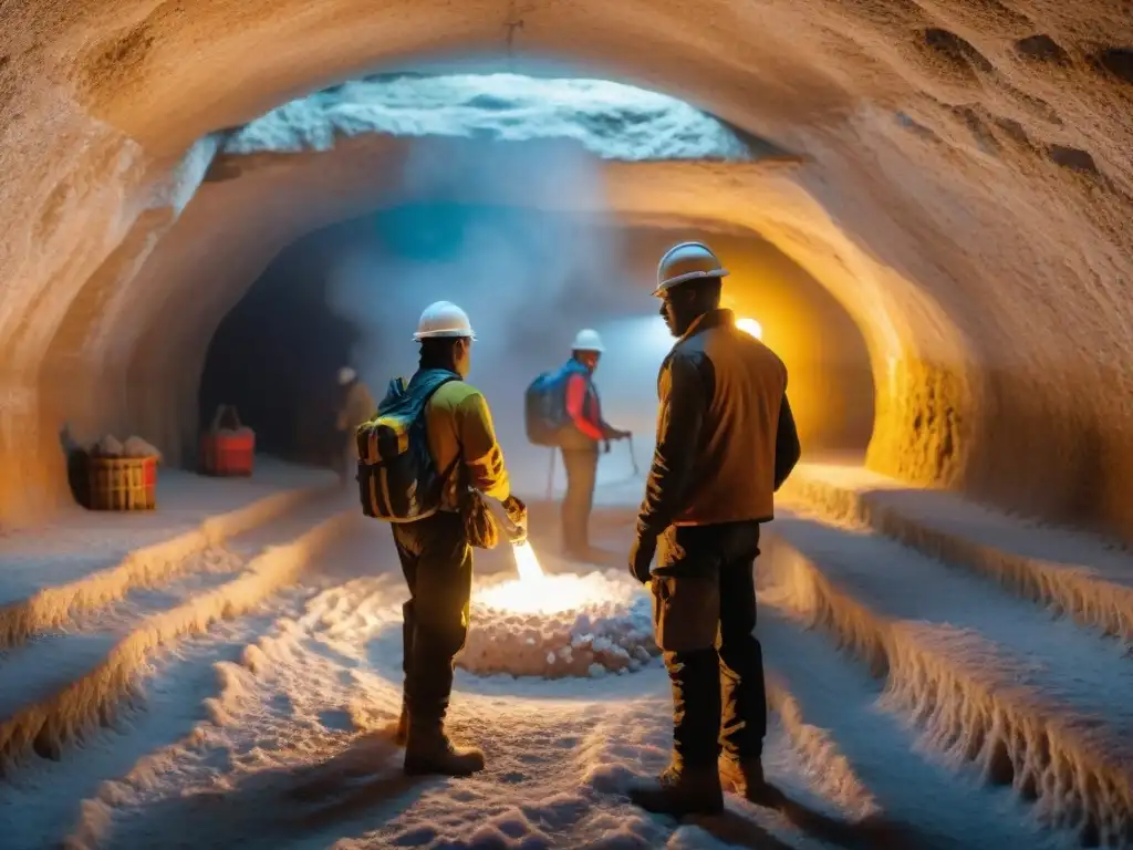 Exploradores en las minas de sal en África, extrayendo cristales a la luz de sus lámparas frontales, rodeados de paredes brillantes