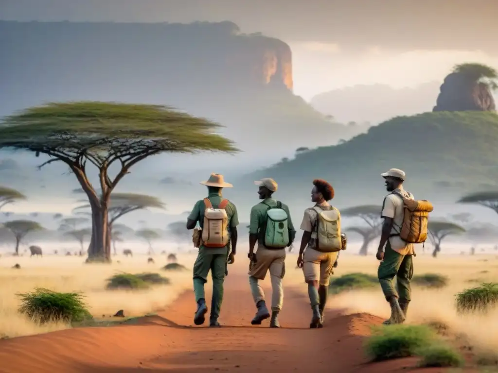 Exploradores en safari con apps para planificar expediciones en África