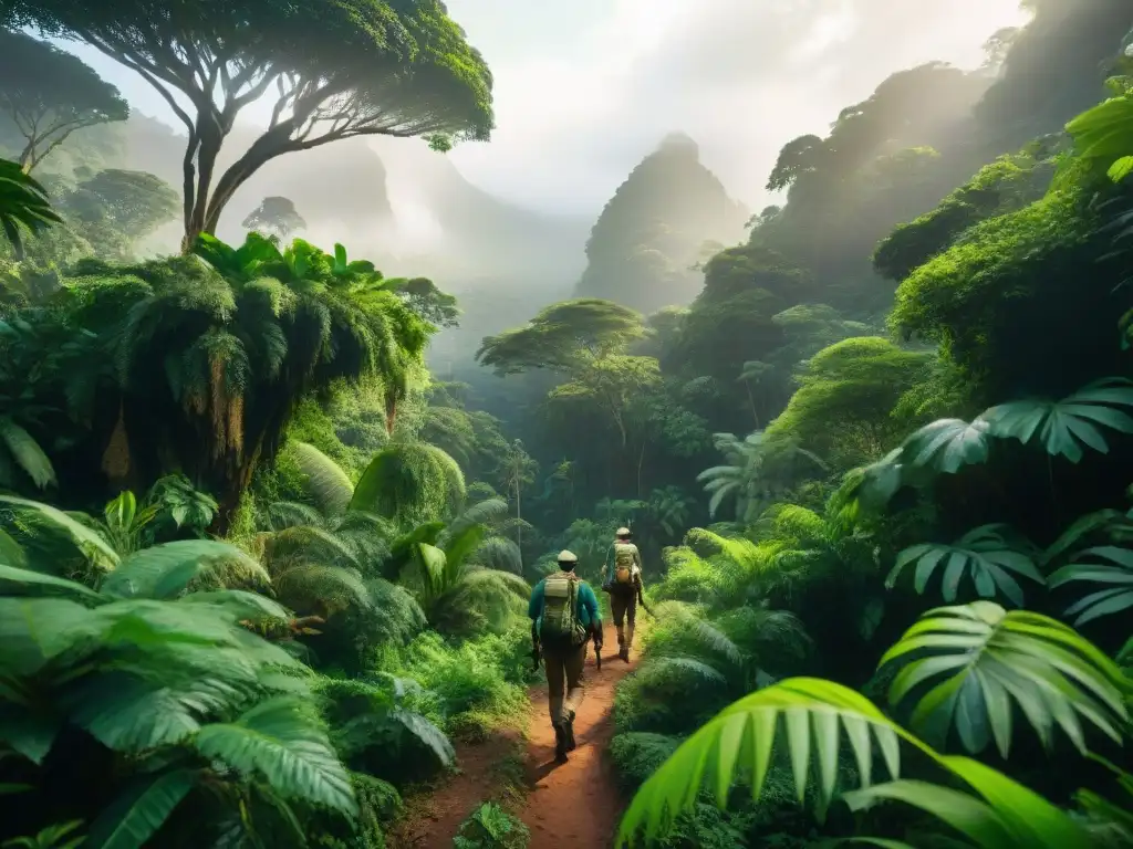 Exploradores en la selva de África con apps exploración caminos desconocidos