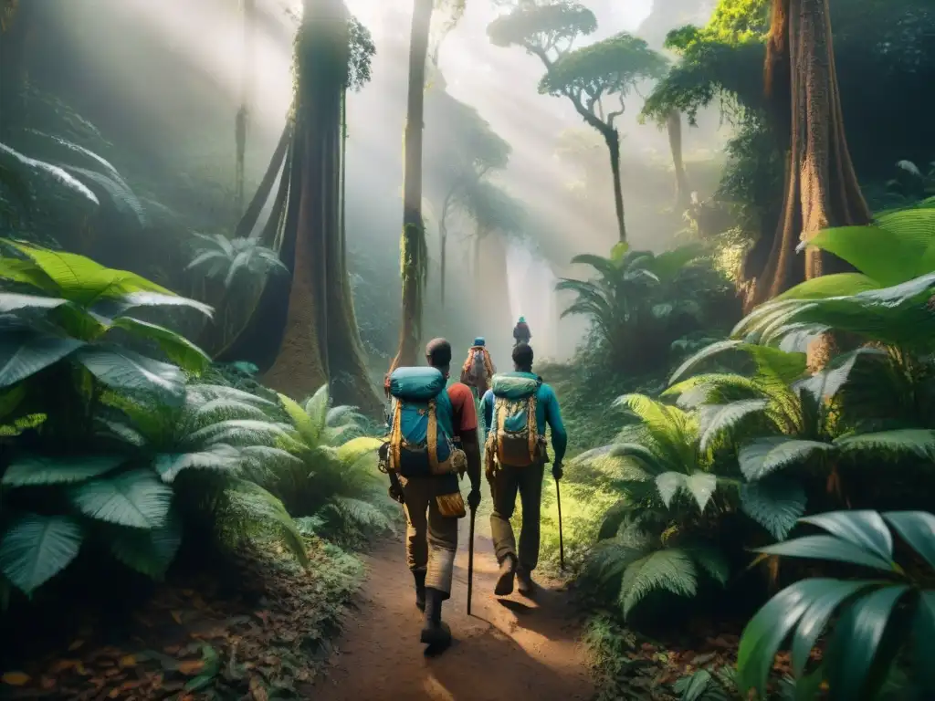 Exploradores en expedición a través de la exuberante selva africana, con un aura mística