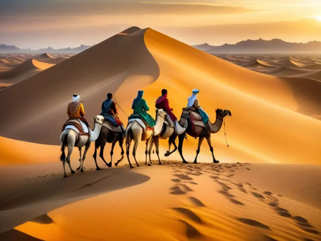 Exploradores en travesía por el desierto del Sahara, rodeados de dunas bajo el cálido atardecer